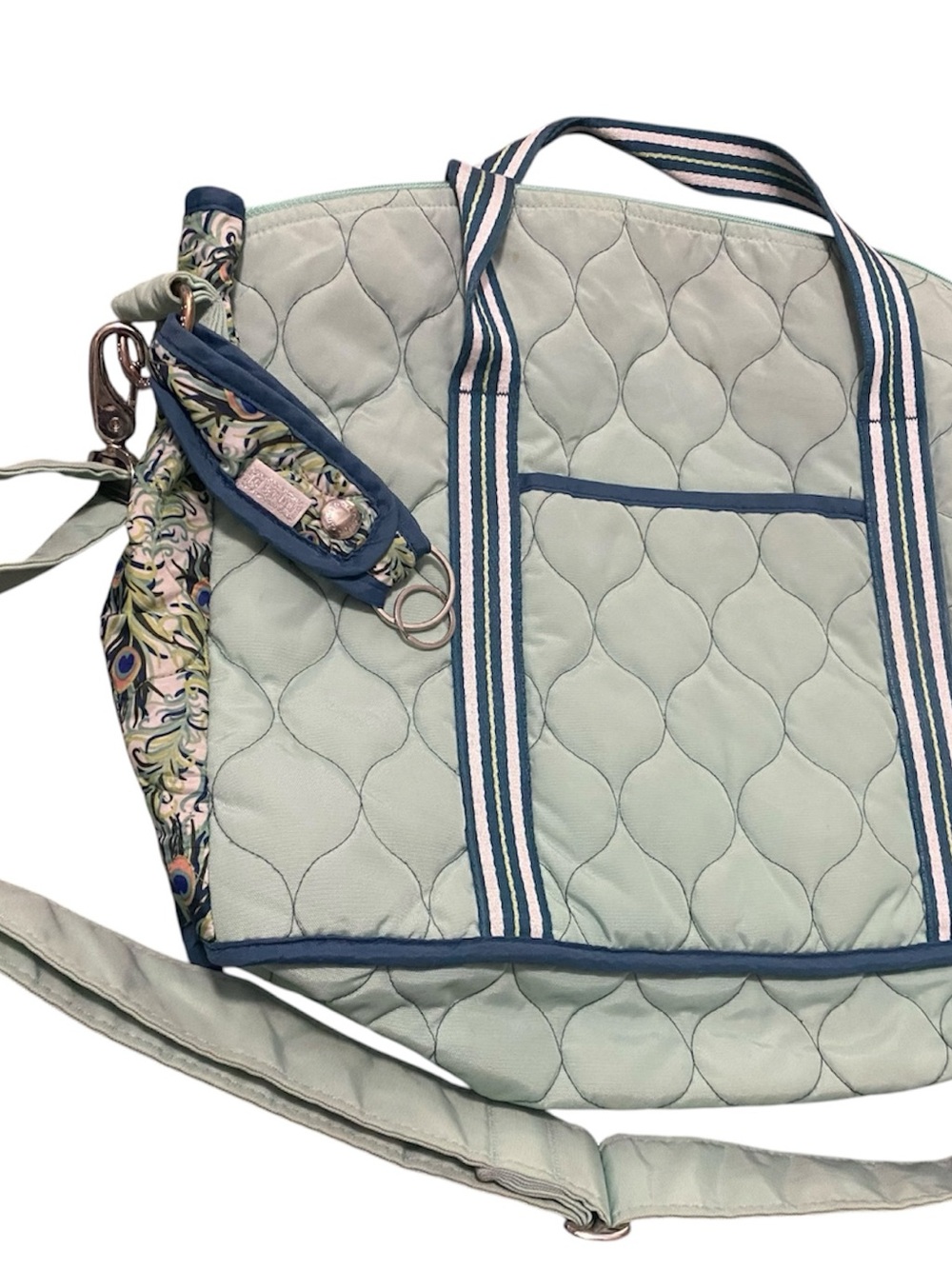 Mint Quilted Tote with Striped Handles